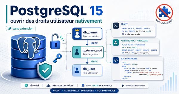 PostgreSQL 15 : ouvrir des droits utilisateur nativement, sans extension
