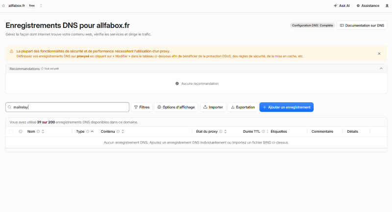 Interface Cloudflare, gestion DNS de allfabox.fr, aucun enregistrement mailrelay