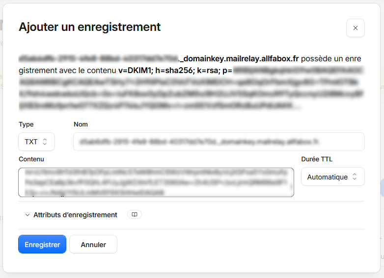 Enregistrement TXT DKIM sur le sélecteur _domainkey