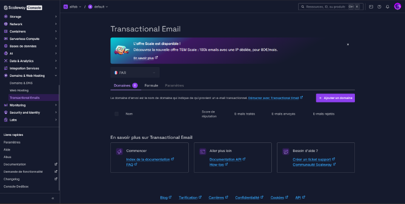 Console Scaleway, section Transactional Email, aucun domaine déclaré