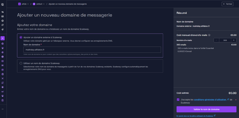 Formulaire d'ajout d'un domaine externe mailrelay.allfabox.fr dans Scaleway TEM