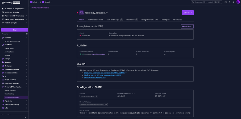 Aperçu du domaine mailrelay.allfabox.fr : statut DNS non vérifié, bloc Configuration SMTP avec nom d'utilisateur masqué