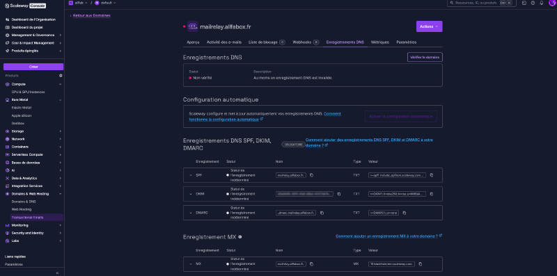 Onglet Enregistrements DNS de Scaleway TEM listant SPF, DKIM, DMARC et MX pour mailrelay.allfabox.fr