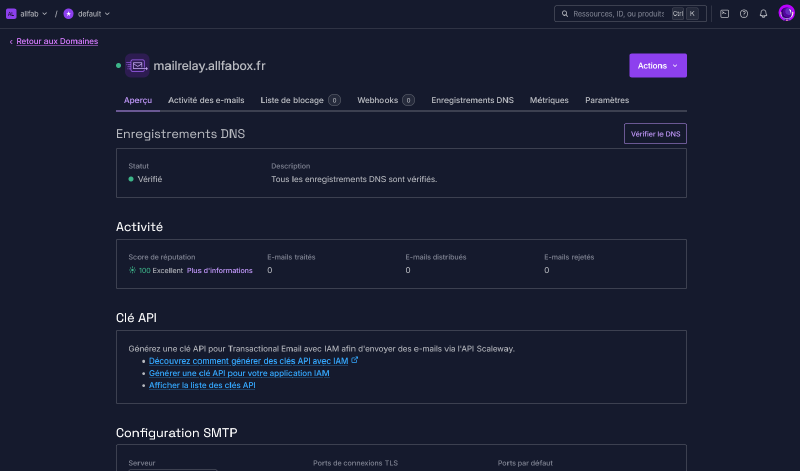 Aperçu Scaleway TEM du domaine mailrelay.allfabox.fr, statut DNS Vérifié en vert