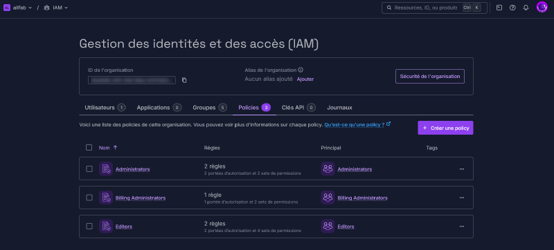 IAM Scaleway, onglet Policies, les trois policies par défaut