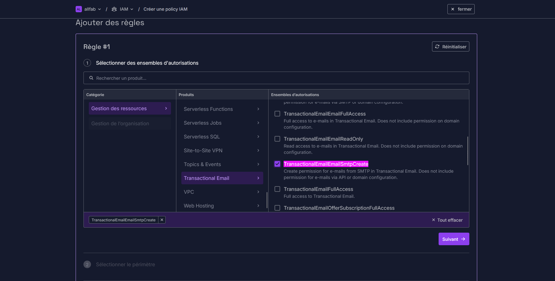 Sélection de l'ensemble d'autorisations TransactionalEmailEmailSmtpCreate sous le produit Transactional Email