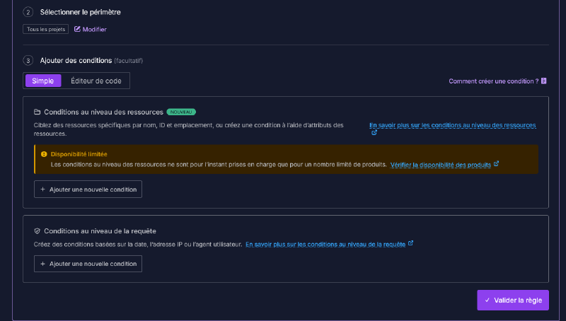 Étape Ajouter des conditions, laissée vide, bouton Valider la règle