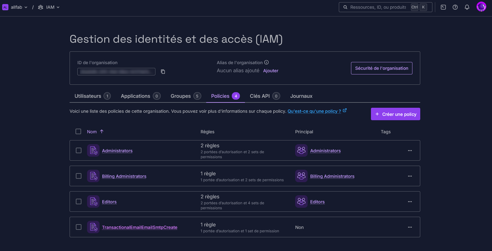 IAM Policies, la policy TransactionalEmailEmailSmtpCreate créée, sans principal