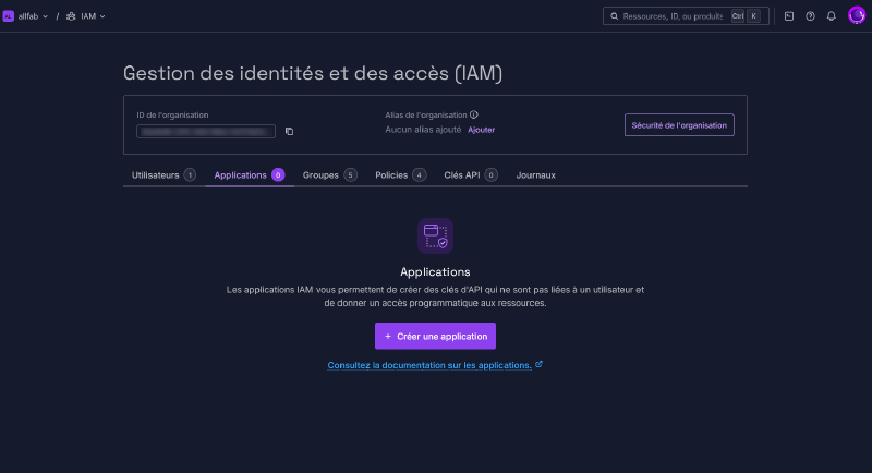 IAM Scaleway, onglet Applications, aucune application