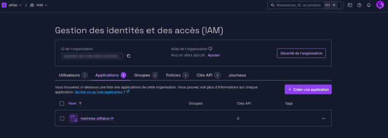 IAM Applications, l'application mailrelay-allfabox-fr créée avec 0 clé API