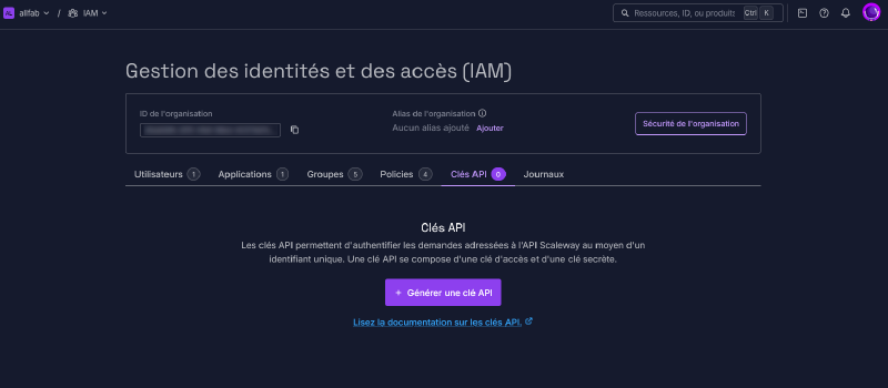 IAM Scaleway, onglet Clés API, aucune clé