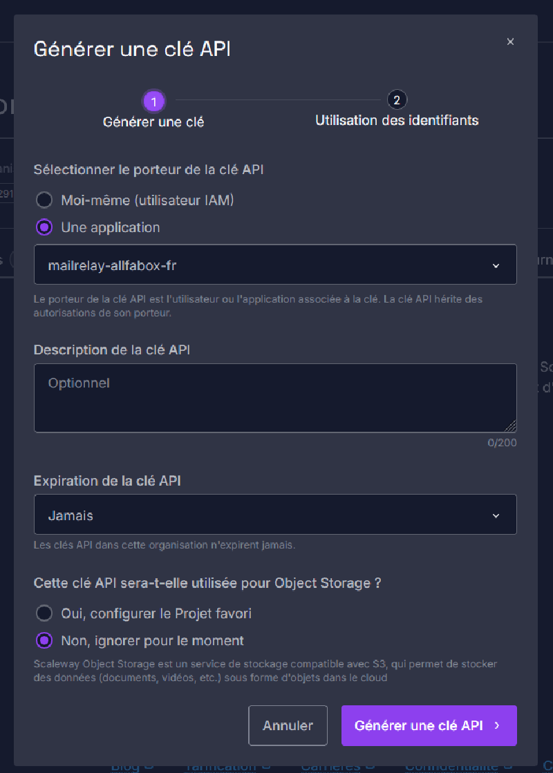 Fenêtre Générer une clé API, porteur Une application mailrelay-allfabox-fr