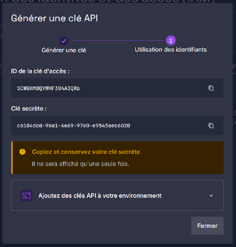 Fenêtre Utilisation des identifiants : ID de la clé d'accès et clé secrète affichés une seule fois