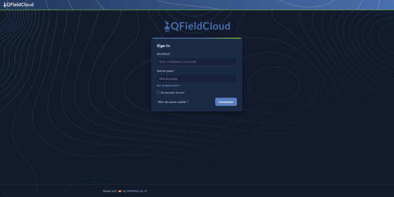 Page de connexion QFieldCloud : logo de l'instance posé, mais barre de navigation restée bleue